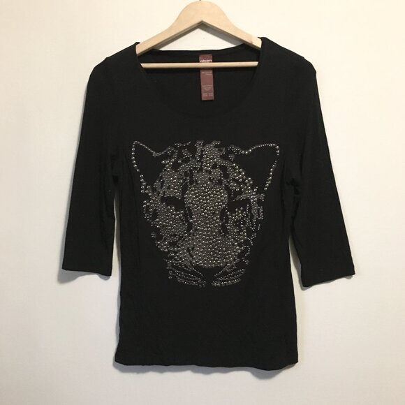 Olsen Europe Metal Studded Big Cat Head Black Shirt - Picture 1 of 15